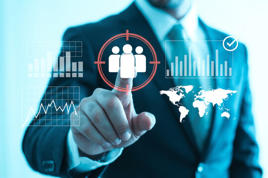 Businessman targeting global market growth with data analytics and team collaboration strategy success