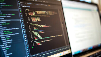 Analyzing Code Development Processes Software Development Studio Educational Visuals Modern Workspace Close-Up View Digital Technologies for Efficient Programming Practices