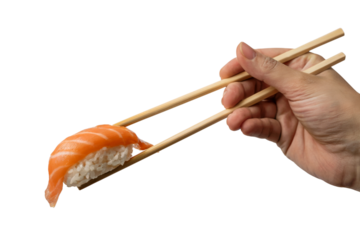  hand using chopsticks to pick up a delicious sushi. Isolated on transparent background, png