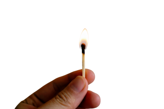  matchstick burning held by a hand. Isolated on transparent background, png