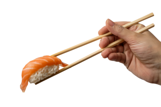  hand using chopsticks to pick up a delicious sushi. Isolated on transparent background, png