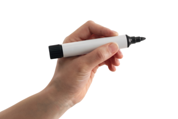 hand holding a white marker ready to create something. Isolated on transparent background, png