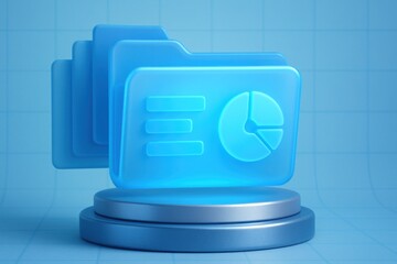 Shiny blue translucent data folders with charts on a silver pedestal, grid backdrop