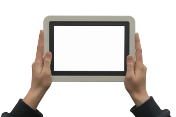Hands Holding Tablet with a Blank Screen. Isolated on transparent background, png 