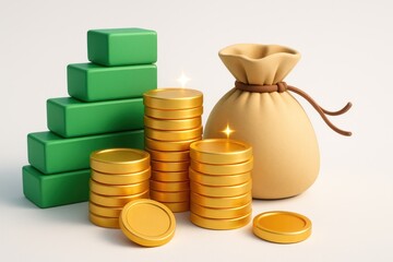 Shiny gold coins, green blocks, and a drawstring money bag in a 3D financial scene