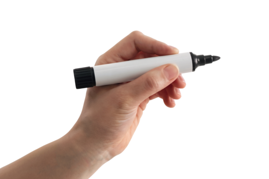  hand holding a white marker ready to create something. Isolated on transparent background, png