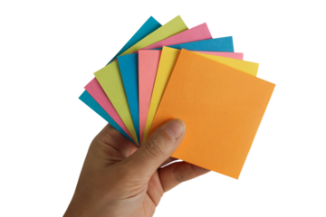  hand holding a vibrant stack of sticky notes. Isolated on transparent background, png
