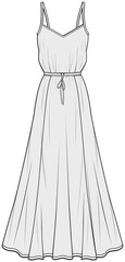 Strap Waist Gathered Flared Maxi Dress Fashion Illustration, Vector, CAD, Technical Drawing, Flat Drawing, Template, Mockup
