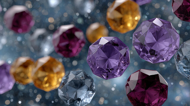 Floating colorful gemstones with a sparkling background - Powered by Adobe