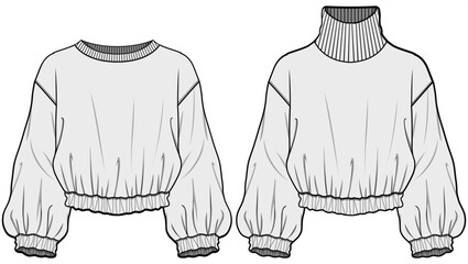 Oversize Crop Waist Gathered Pullover Sweater Fashion Illustration, Vector, CAD, Technical Drawing, Flat Drawing, Template, Mockup.