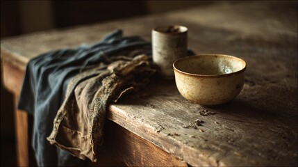 poverty. A worn wooden table with an empty bowl and a cracked ceramic cup. lifestyle magazines, social media lookbooks, designed for lifestyle magazines and social media content.