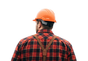 Construction worker: An image capturing the determined gaze of a construction worker, dressed in a plaid shirt and orange hard hat, standing in a moment of focused anticipation.
