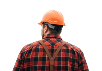 Construction worker: An image capturing the determined gaze of a construction worker, dressed in a plaid shirt and orange hard hat, standing in a moment of focused anticipation.