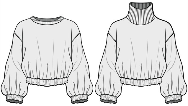 Oversize Crop Waist Gathered Pullover Sweater Fashion Illustration, Vector, CAD, Technical Drawing, Flat Drawing, Template, Mockup.