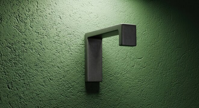 Sleek black L-shaped light fixture on a rough green wall, illuminated by top light