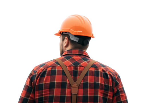Construction worker: An image capturing the determined gaze of a construction worker, dressed in a plaid shirt and orange hard hat, standing in a moment of focused anticipation.
