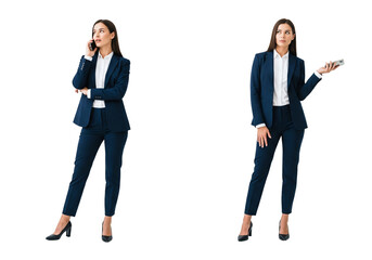Professional poise: A confident businesswoman in a smart blue suit engages in a business conversation. showcasing the image of corporate acumen