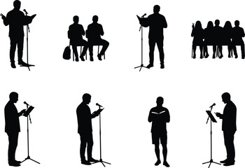 Silhouette people reading, speaking, performing on stage with microphone stands, storytelling, poetry, public presentation, group dialogue, vector illustration set