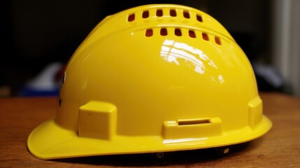 A shiny yellow industrial hard hat with reflective surfaces and ventilation holes designed for safety at construction si