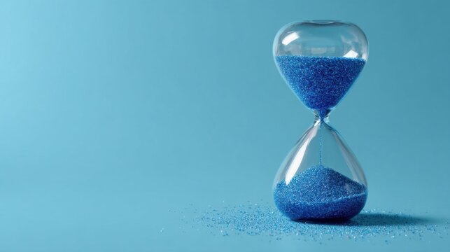 A reversible hourglass with flowing blue sand symbolizes the passage of time,