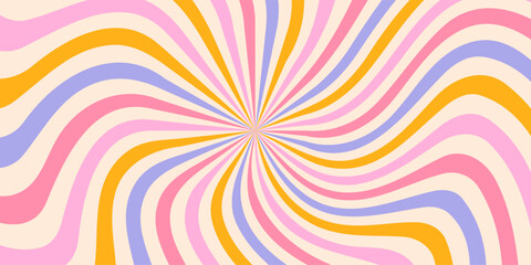Swirl groovy starburst. Psychedelic wavy pattern. Retro sun and carnival motifs. Vintage abstract rays background and a rainbow border. Pink and blue vintage circle. Flat vector illustration