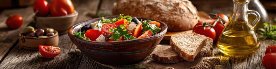 Mediterranean Lunch: Feta and Olive Salad, Olive Oil, and Fresh Bread