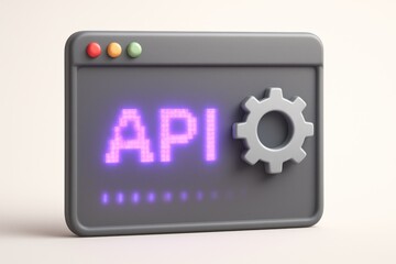 Stylized 3D dark grey browser window, glowing purple 'API' text, gear, loading dots
