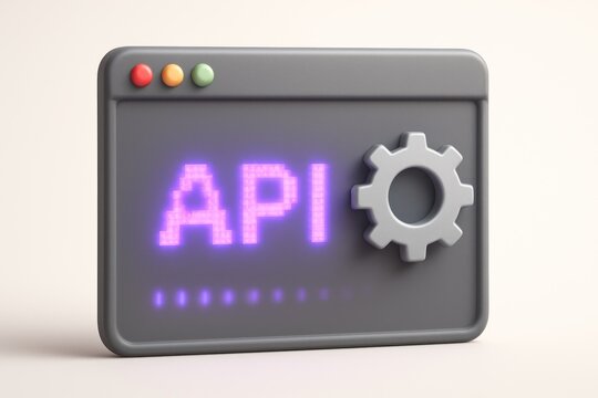 Stylized 3D dark grey browser window, glowing purple 'API' text, gear, loading dots