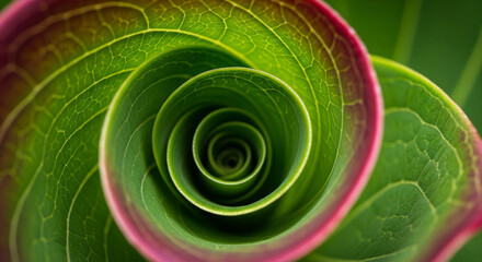 Abstract macro of a plant leaf forming a perfect spiral, with vibrant green and purple colors creating a mesmerizing natural pattern.