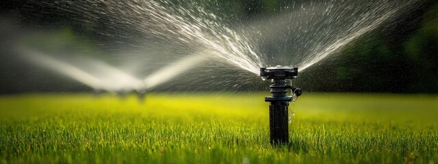 Professional pop-up sprinkler watering a green lawn, providing irrigation and freshness