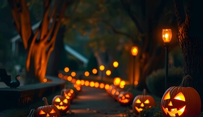 Halloween pathway decorated with glowing pumpkins, warm candlelight, autumn leaves on the ground, cozy yet spooky night atmosphere.