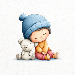 Watercolor Illustration of a Baby Sleeping with a Teddy Bear.
