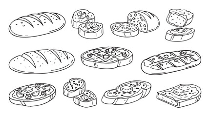 Hand drawn sketch collection of various delicious baked breads and savory steaks vector