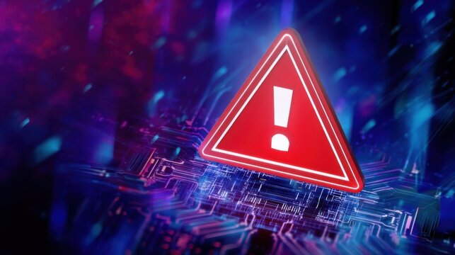 A red triangular warning sign with a white exclamation mark stands out against a futuristic circuit board background in 