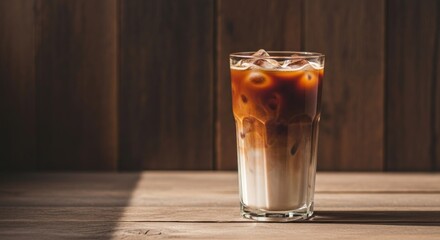 Tall glass of layered iced coffee on a sun-dappled wooden table with wood paneling