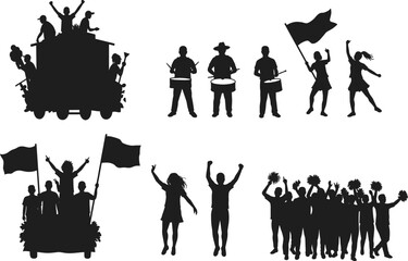 Silhouettes of parade celebration with floats, drummers, cheerleaders, and flag waving groups in festive vector illustration for event design
