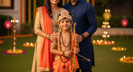 boy dressed as Lord Ram, holding a bow and arrow in a festive garden, with family in the background