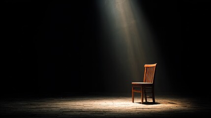 actor. An empty theater stage with a single wooden chair under a solitary spotlight. event programs, museum guides, designed for cultural heritage projects and event programs, preserves heritage.