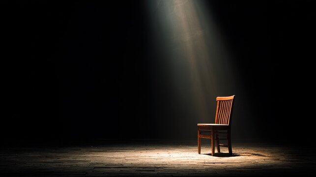 actor. An empty theater stage with a single wooden chair under a solitary spotlight. event programs, museum guides, designed for cultural heritage projects and event programs, preserves heritage.