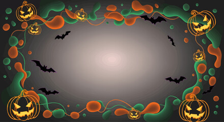 Spooky Halloween background frame with jack-o'-lanterns, bats, and swirling colorful Halloween elements against a dark gradient backdrop, perfect for invitations and decorations