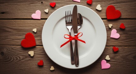 Table setting with white plate, cutlery tied with red ribbon, surrounded by scattered hearts