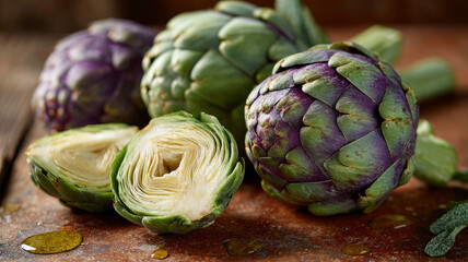 Obraz premium Fresh artichokes on rustic table, one cut in half