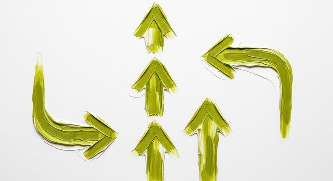 Textured olive green paint arrows pointing in various directions on a white background