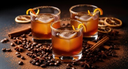 Three amber iced cocktails with orange twists, spiced rims, surrounded by coffee beans