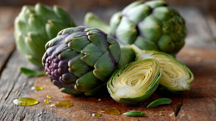 Obraz premium Fresh artichokes, whole and sliced, on a rustic wooden surface.