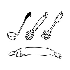 Kitchen utensils doodle, spatula, shaker, ladle and rolling pin. Hand drawn icon sketch vector illustration