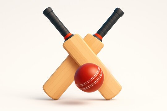 Two crossed wooden cricket bats and a red stitched cricket ball, 3D rendered