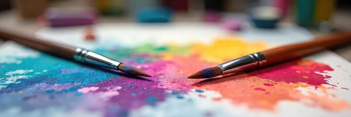 Fototapeta premium Two paintbrushes resting on a canvas, amidst scattered art supplies, suggest a lively artistic dialogue; colors swirl subtly in the background , texture, art supplies, color palette