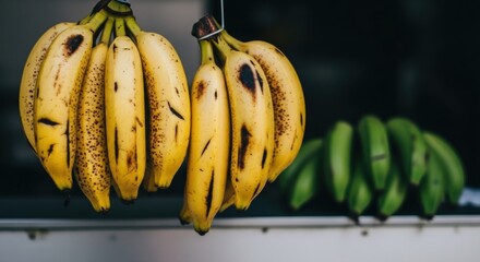 Two hanging bunches of ripe yellow spotted bananas in foreground, green ones behind
