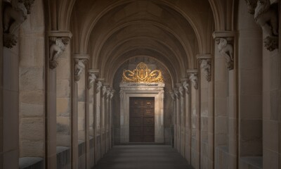 Fototapeta premium Ornate corridor leading to a golden door framed by stonework carvings